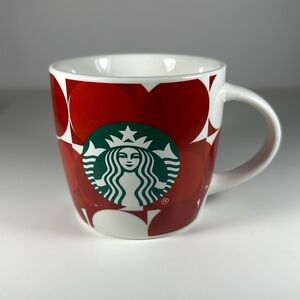 Starbucks Coffee Mug White Red Circles Dots Green Mermaid Logo 14 Oz